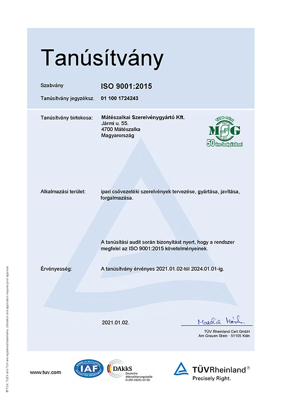 ISO 9001:2015 minőségirányítási rendszerünk tanúsítványa