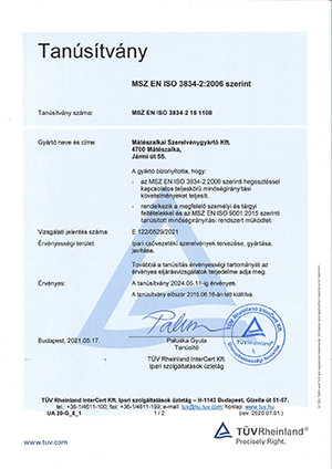 MSZ EN ISO 3834-2:2006 Tanúsítvány